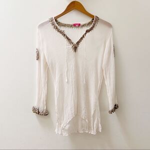 Joshi Embroidered & Beaded Silk Tunic Cream Small